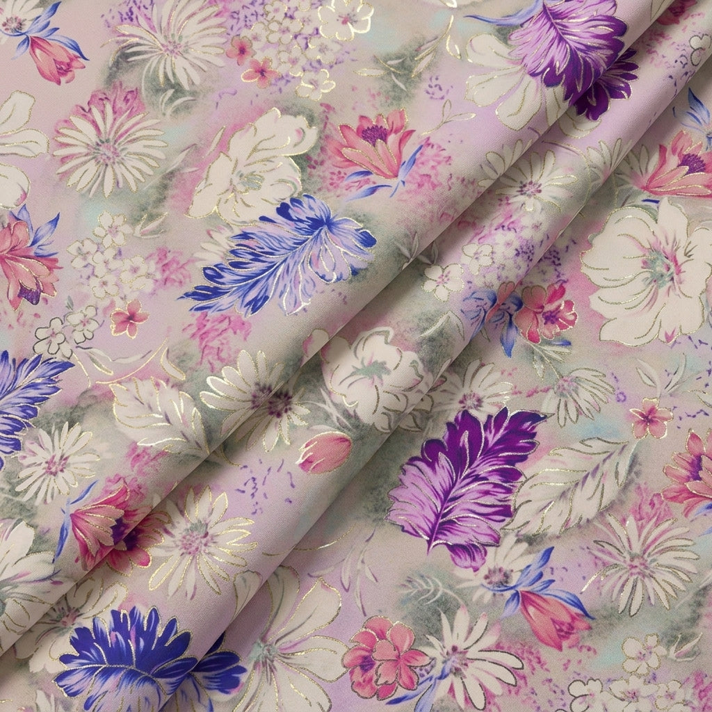 Folded Floral Violet Floral Satin Fabric