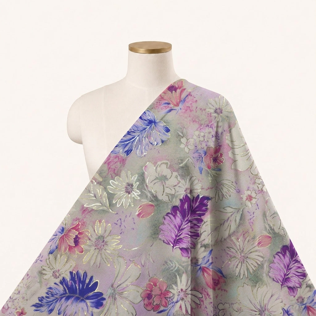 Floral Violet Floral Satin Fabric Draped as a saree