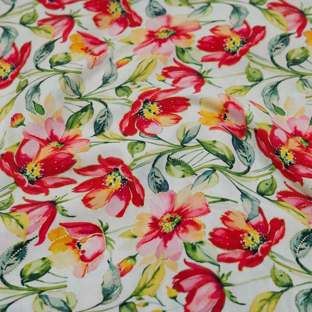 Swirled Floral White Floral Satin Fabric