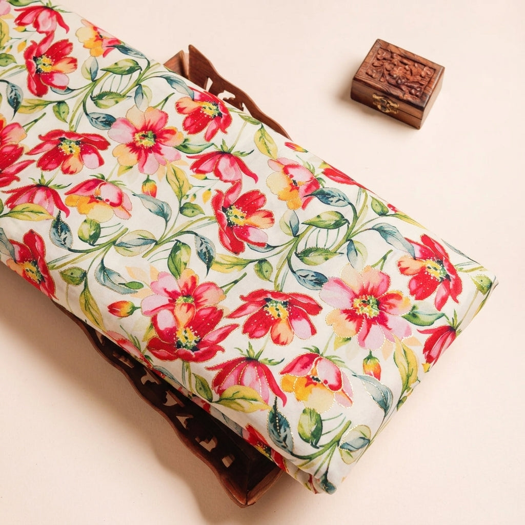 Floral White Floral Satin Fabric on a wooden tray