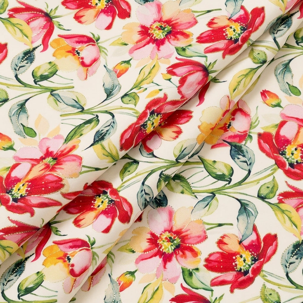 Folded Floral White Floral Satin Fabric