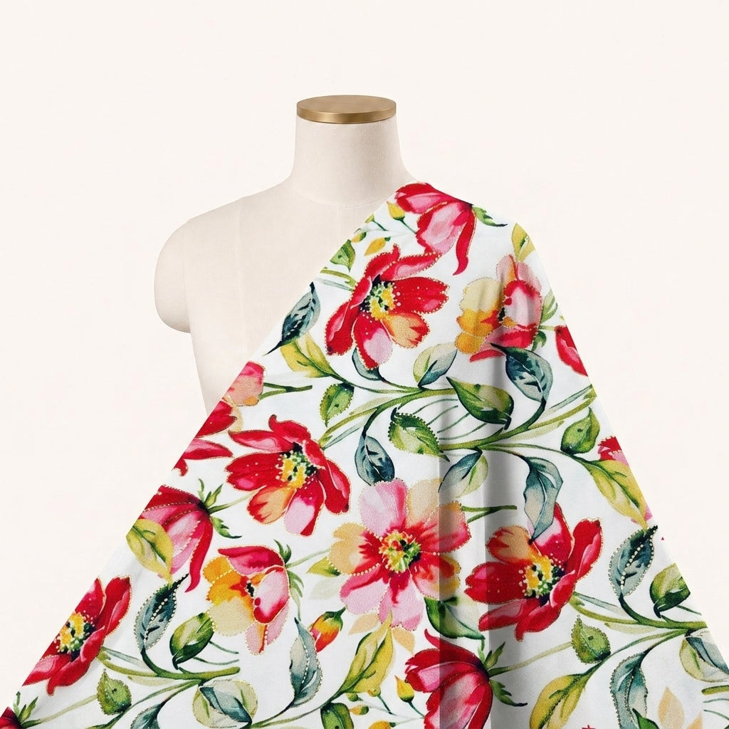 Floral White Floral Satin Fabric Draped as a saree