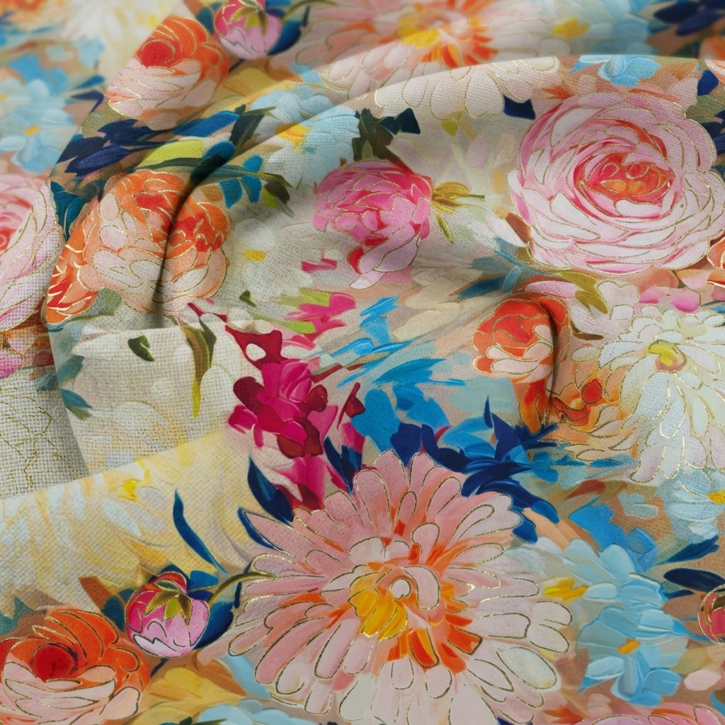 Swirled Floral Multicolor Floral Satin Fabric