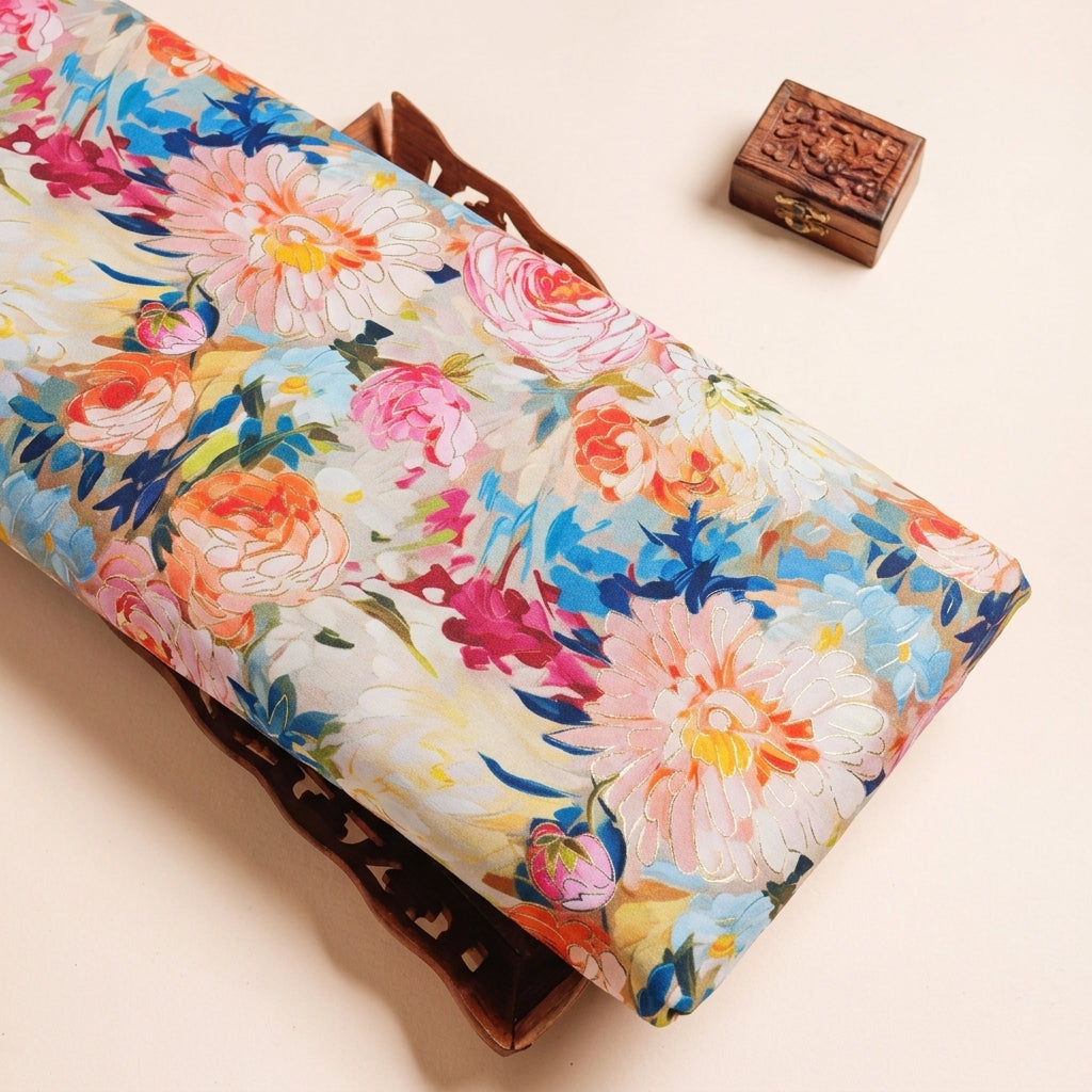 Floral Multicolor Floral Satin Fabric on a wooden tray