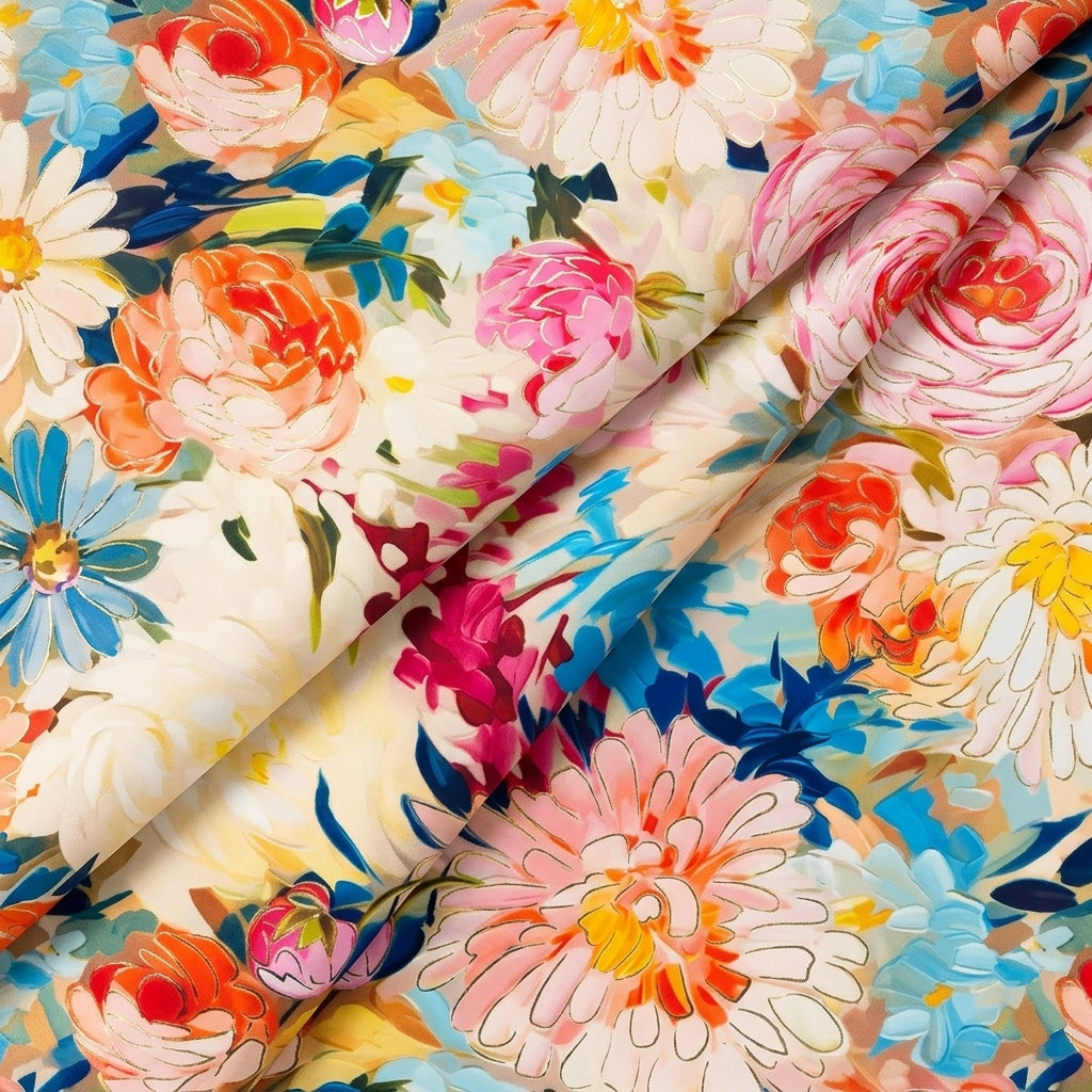 Folded Floral Multicolor Floral Satin Fabric