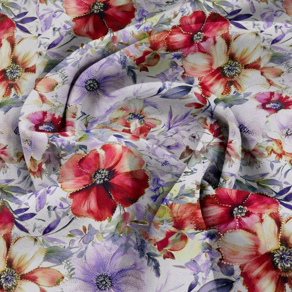 Swirled Floral White Floral Satin Fabric