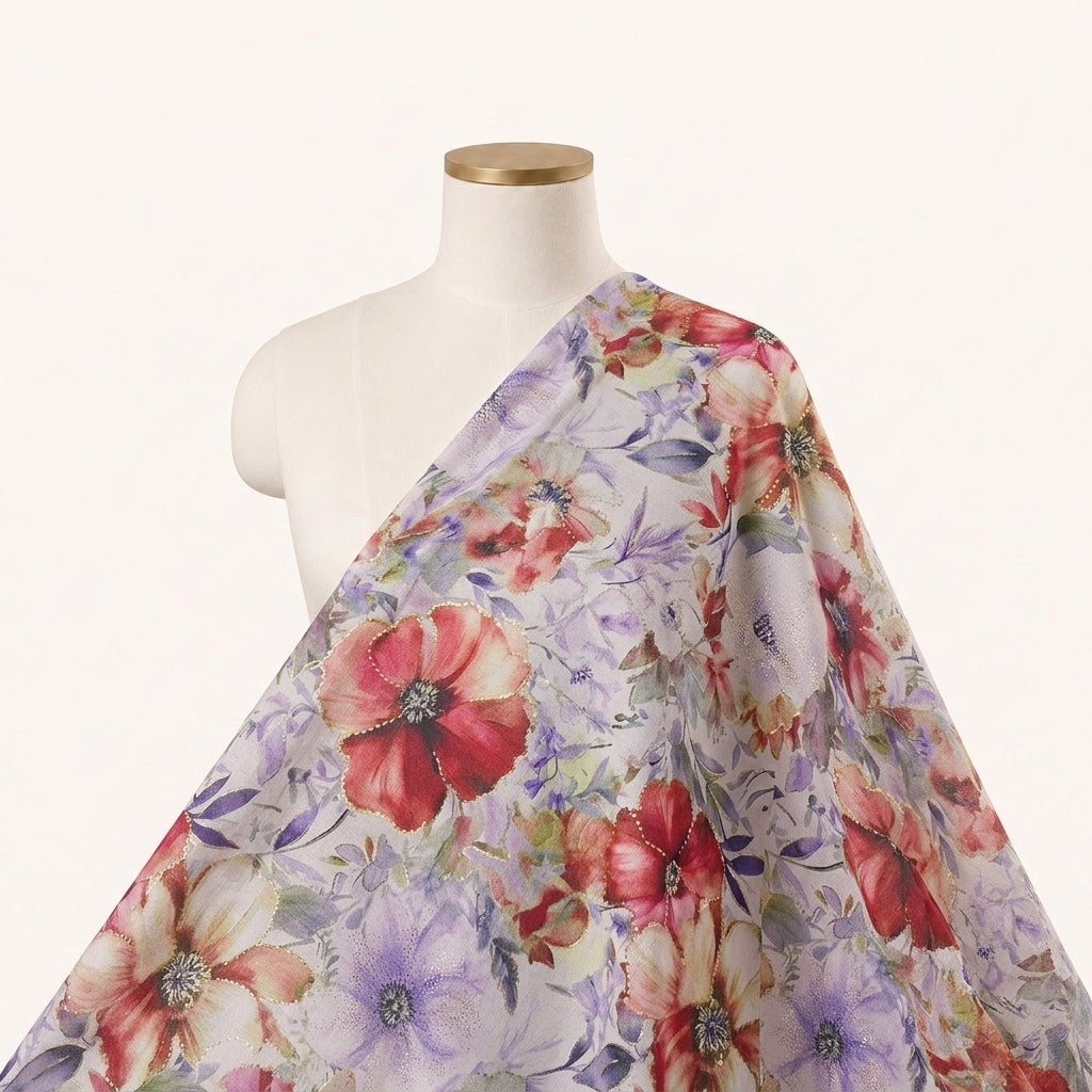 Floral White Floral Satin Fabric Draped as a saree