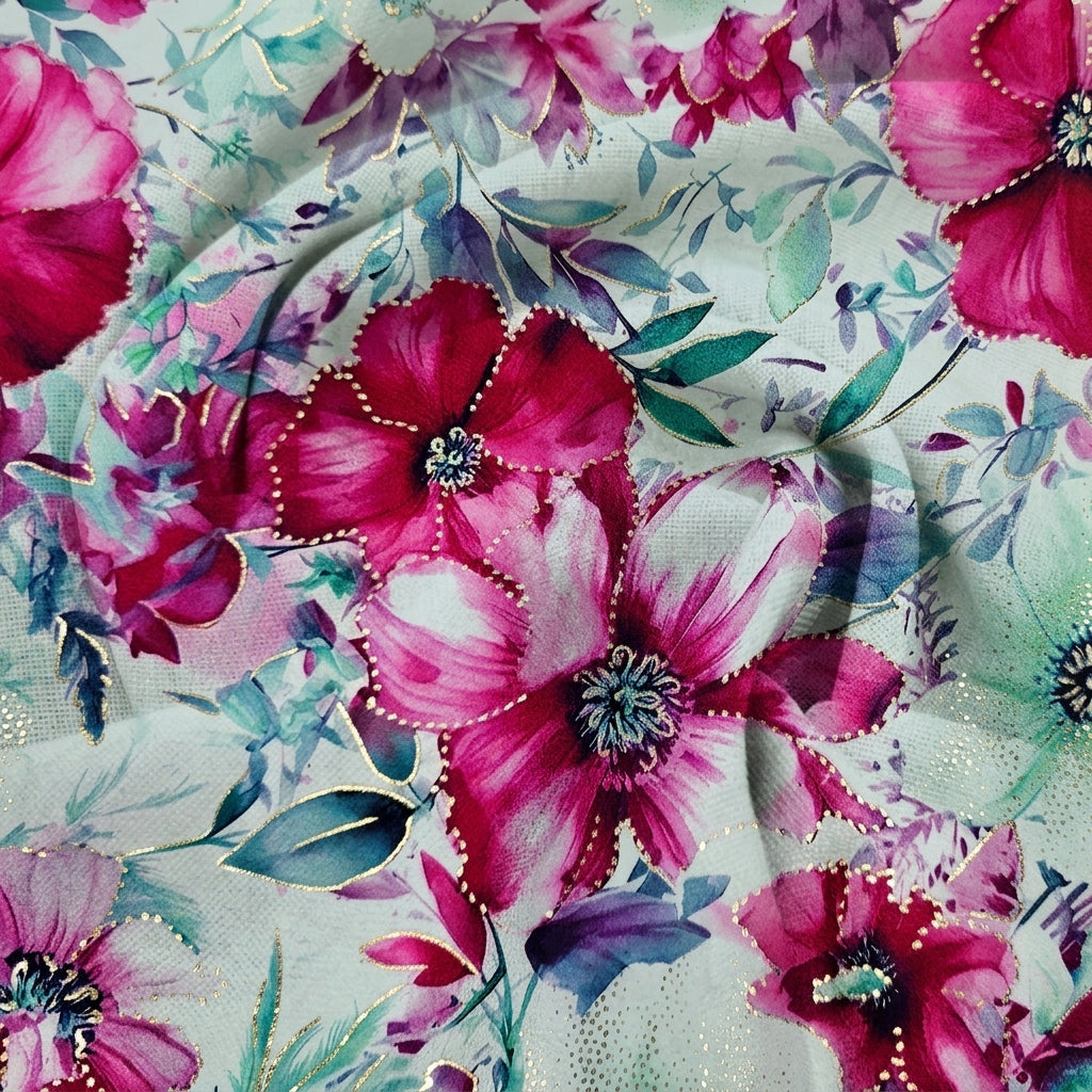 Swirled Floral White Floral Satin Fabric