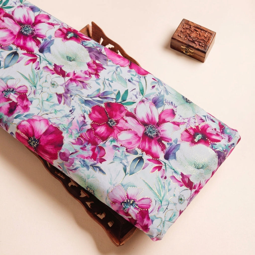 Floral White Floral Satin Fabric on a wooden tray