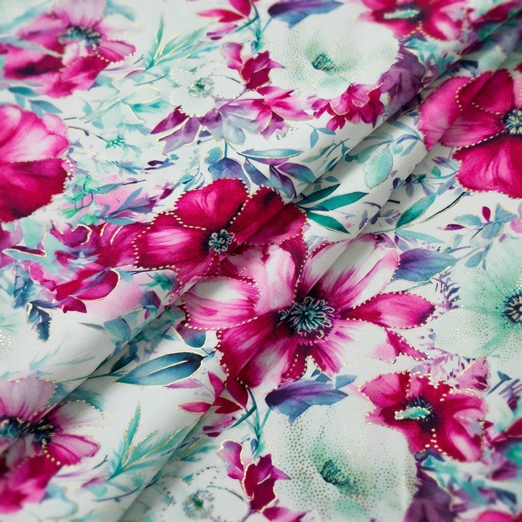 Folded Floral White Floral Satin Fabric