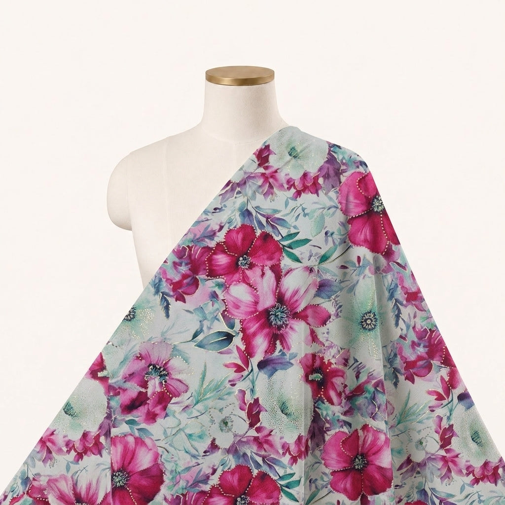 Floral White Floral Satin Fabric Draped as a saree
