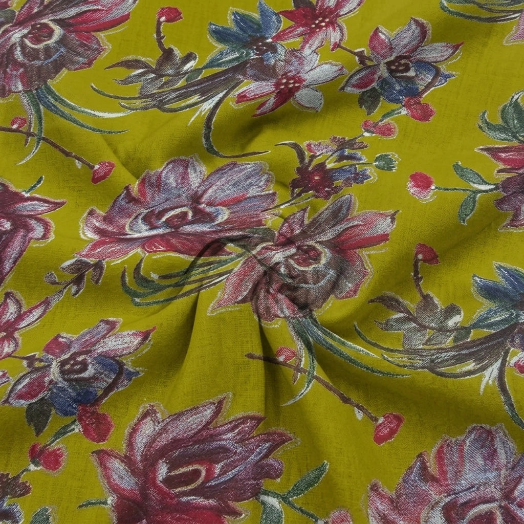 Mustard Yellow Floral Rayon Fabric - EB11786