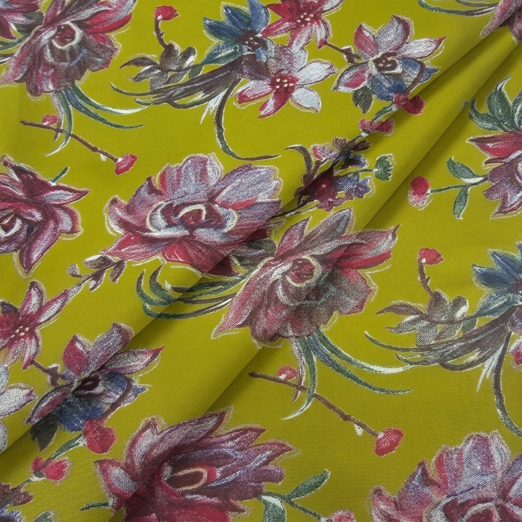 Mustard Yellow Floral Rayon Fabric - EB11786