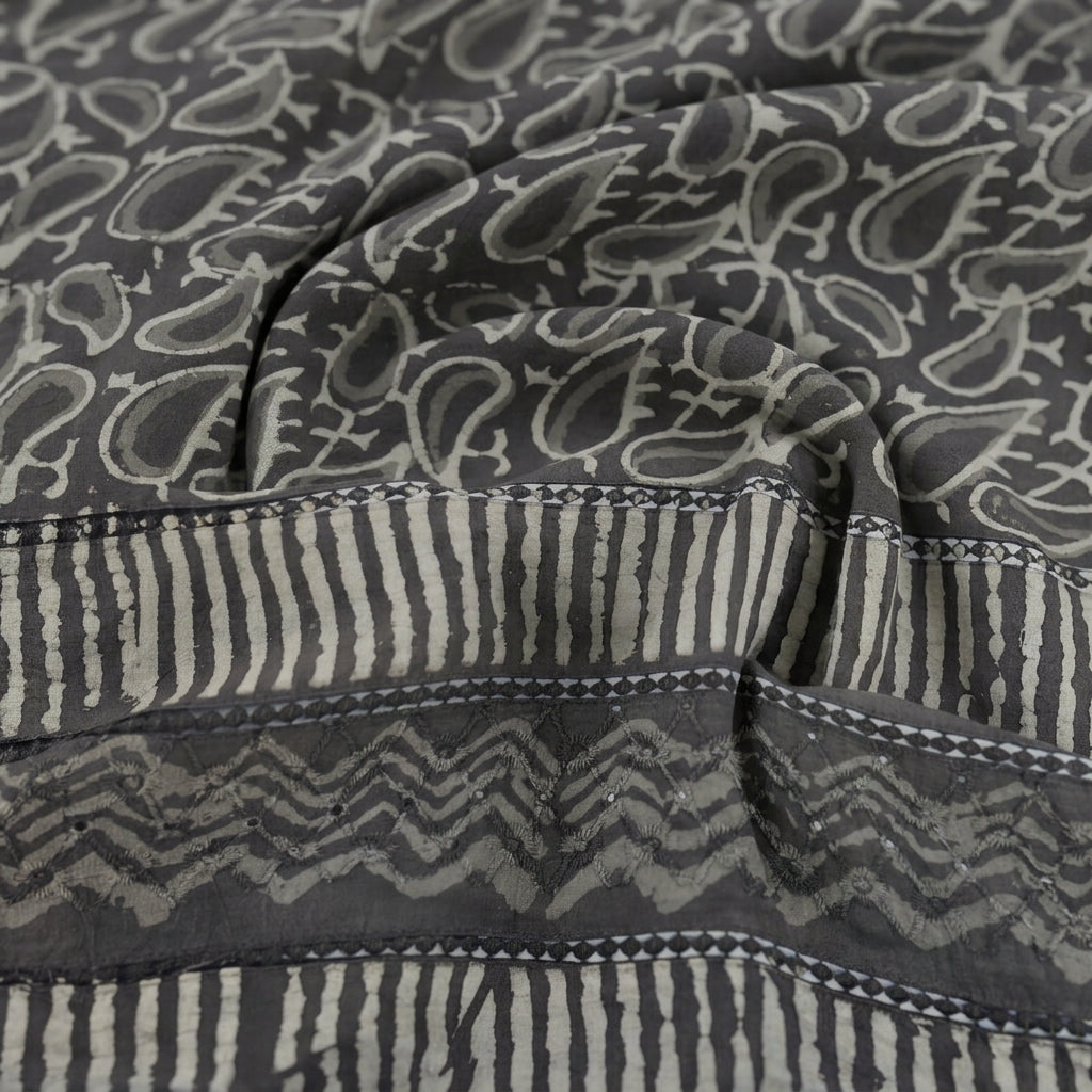 Swirled Ajrak Grey Ajrak Cotton Fabric