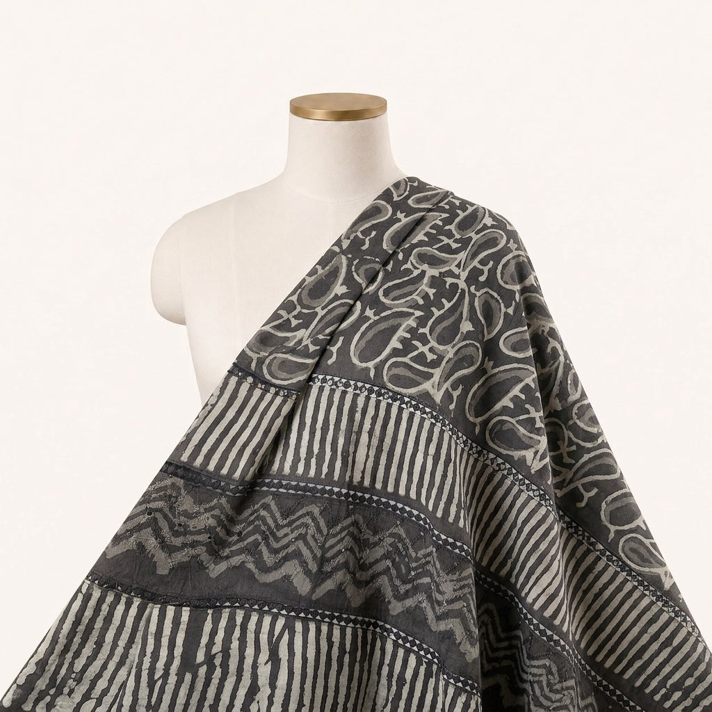 Ajrak Grey Ajrak Cotton Fabric Draped as a saree