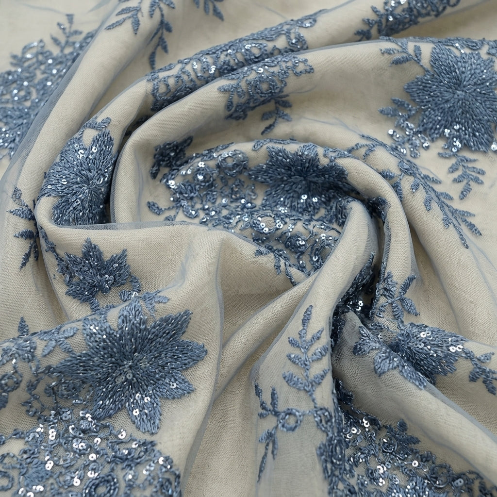 Swirled Embroidery Dark Blue Embroidery Net Fabric