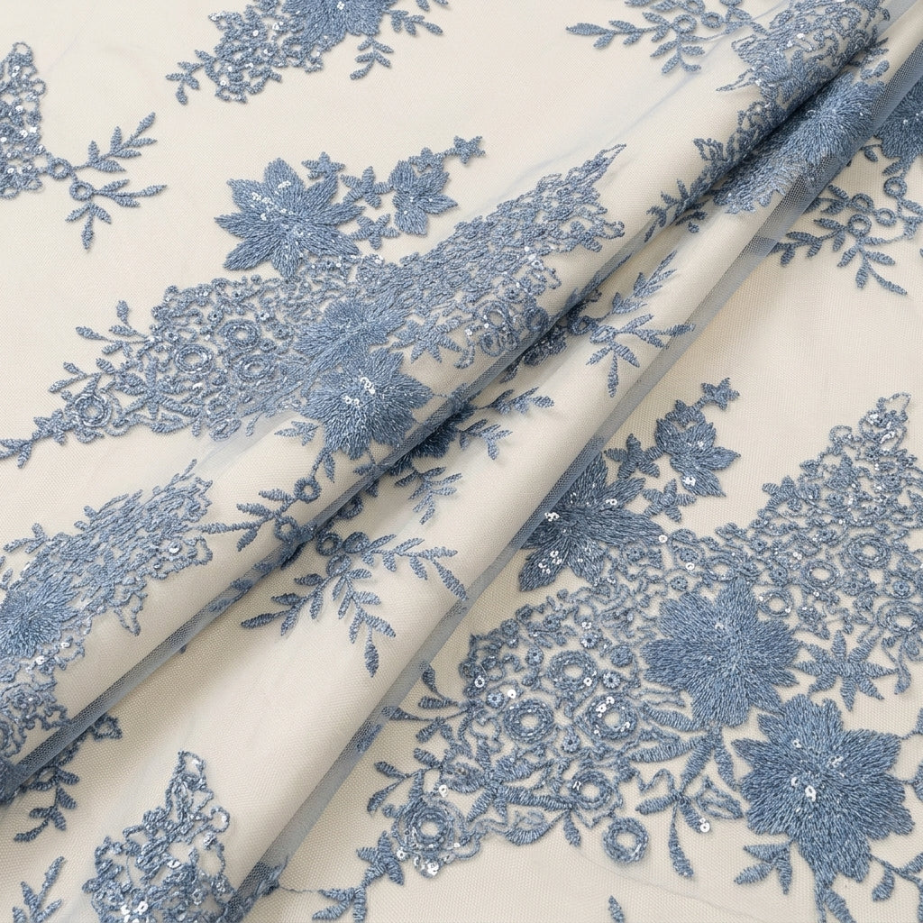 Folded Embroidery Dark Blue Embroidery Net Fabric