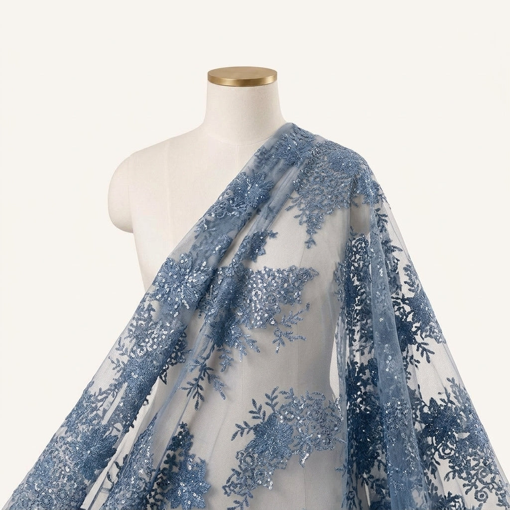 Embroidery Dark Blue Embroidery Net Fabric Draped as a saree