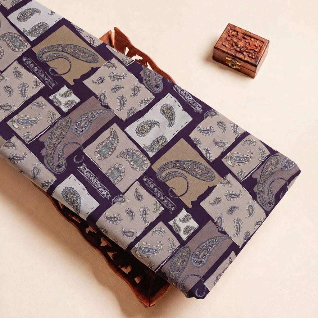 Folded Purple Paisley Rayon Fabric Highlighting and Texture
