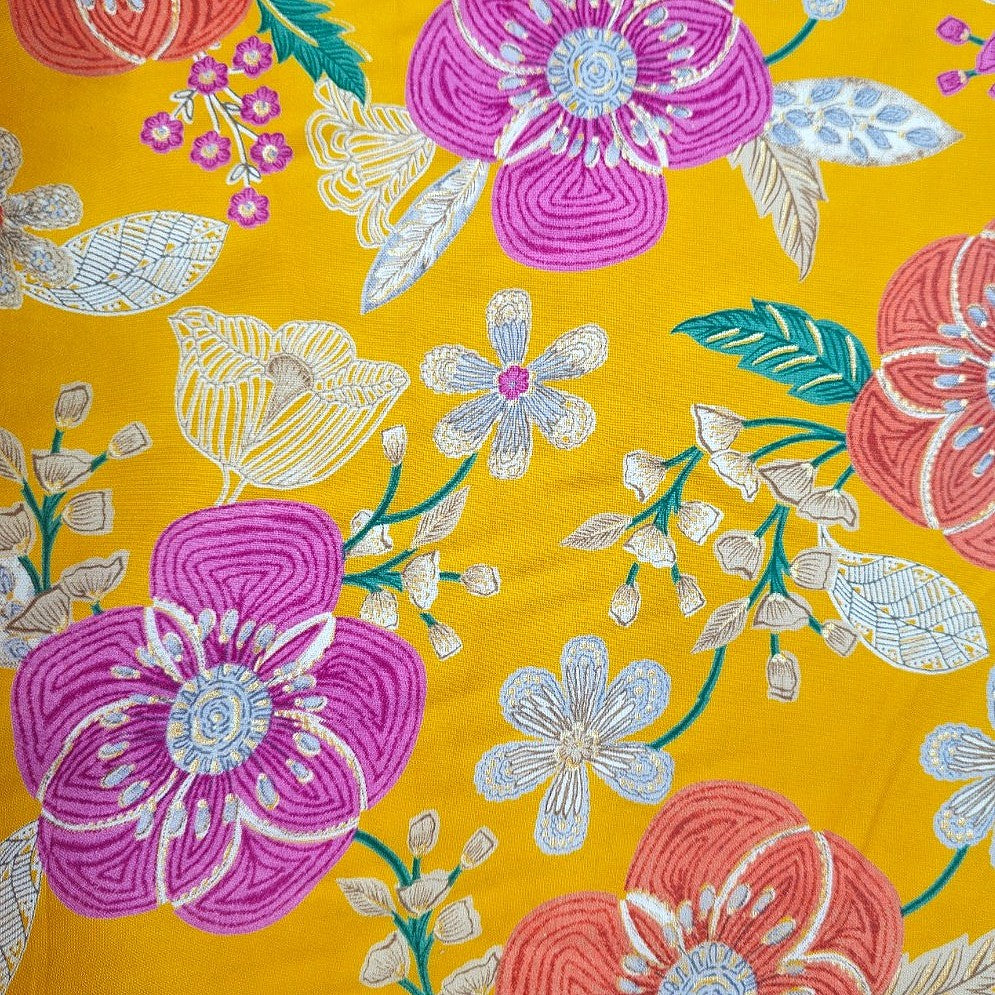Yellow Floral Rayon Fabric - EB11914