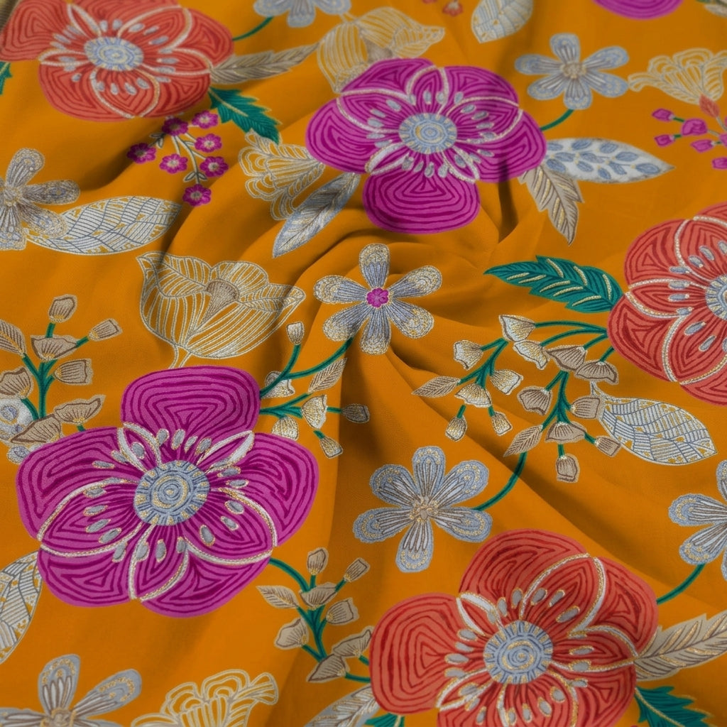 Swirled Floral Yellow Floral Rayon Fabric