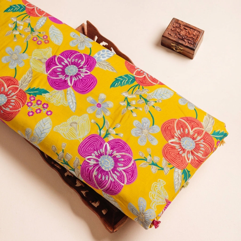 Floral Yellow Floral Rayon Fabric on a wooden tray