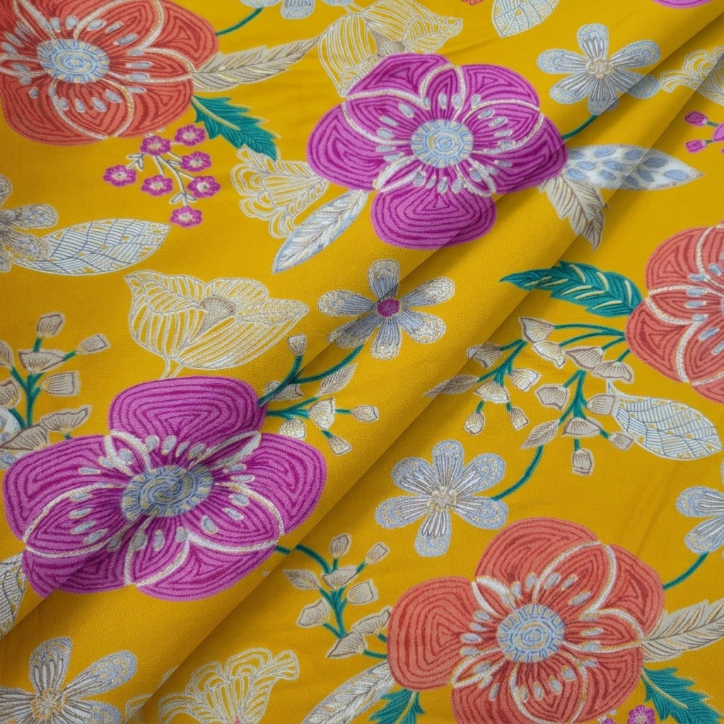 Folded Floral Yellow Floral Rayon Fabric