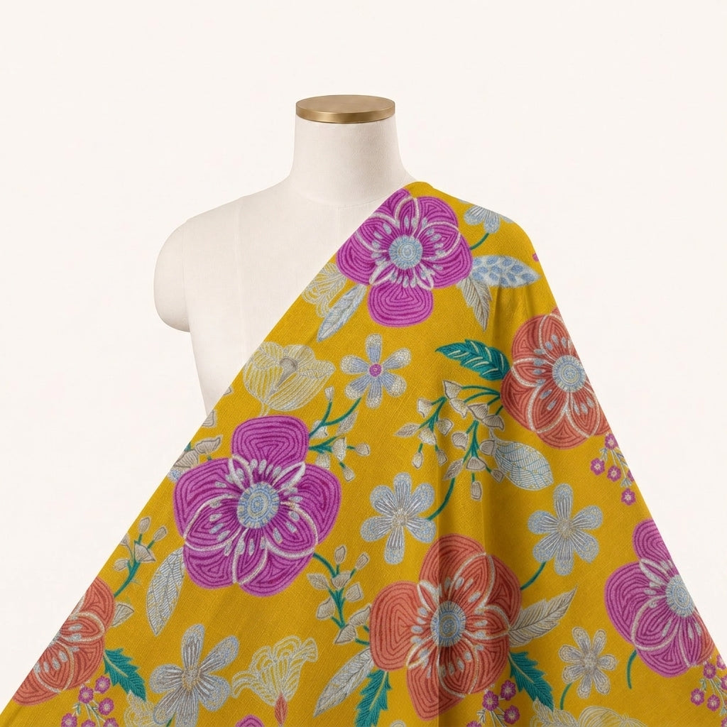 Floral Yellow Floral Rayon Fabric Draped as a saree