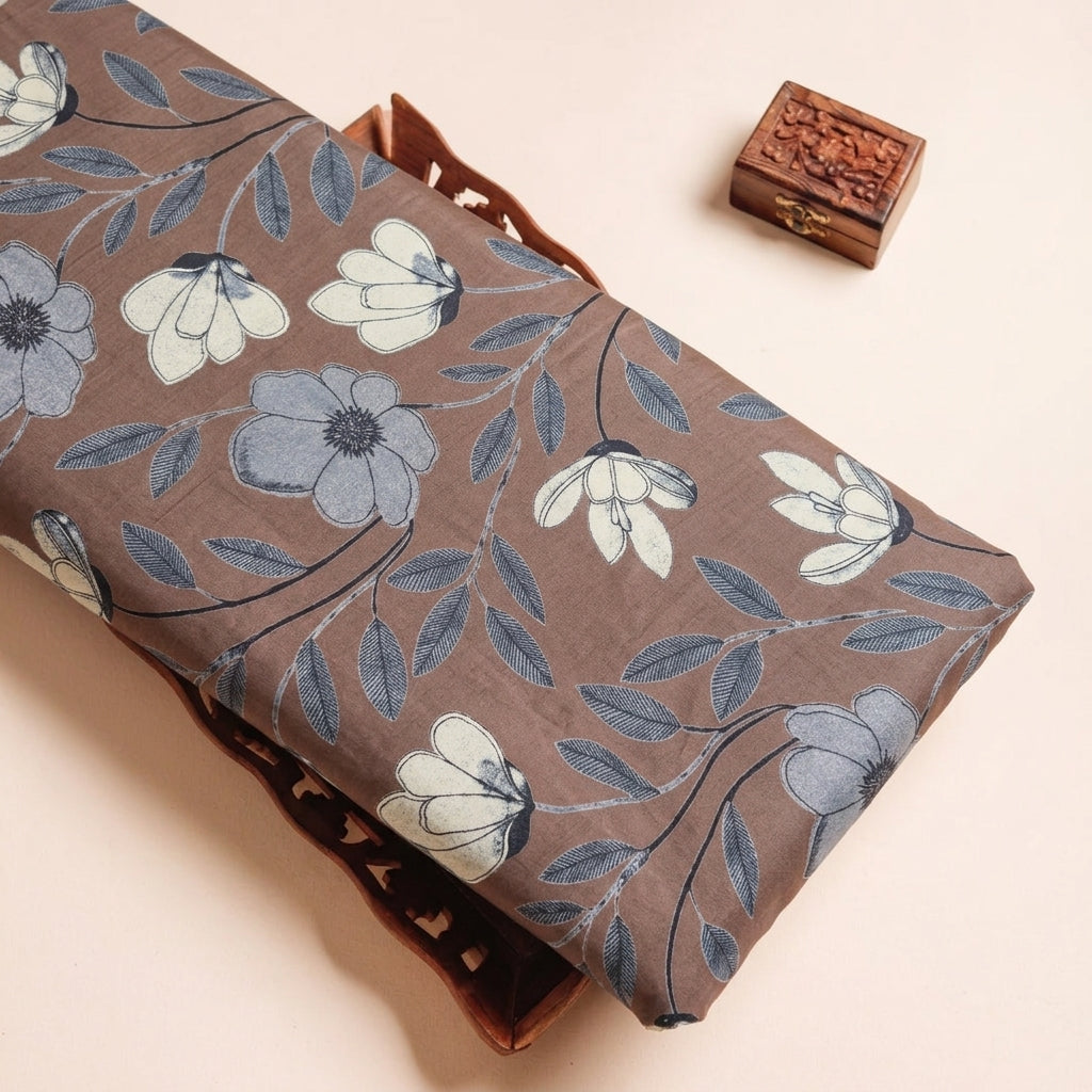 Floral Brown Floral Cotton Fabric on a wooden tray