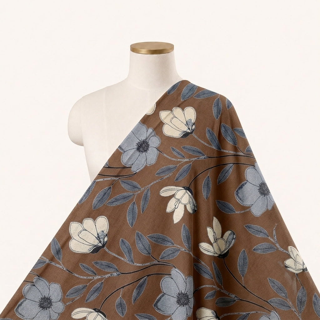Floral Brown Floral Cotton Fabric Draped as a saree