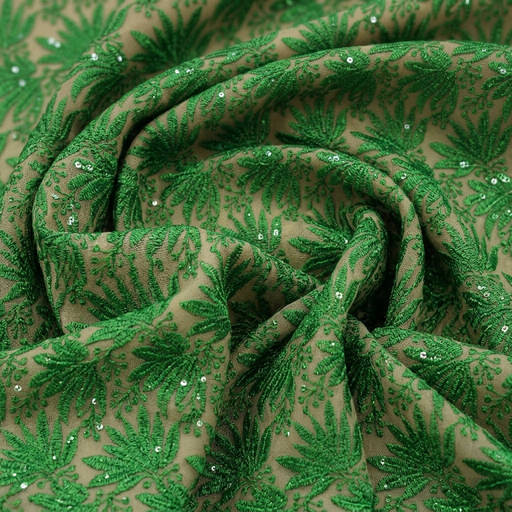 Swirled Embroidery Green Embroidery Net Fabric