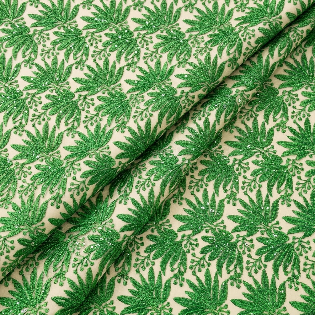 Folded Embroidery Green Embroidery Net Fabric