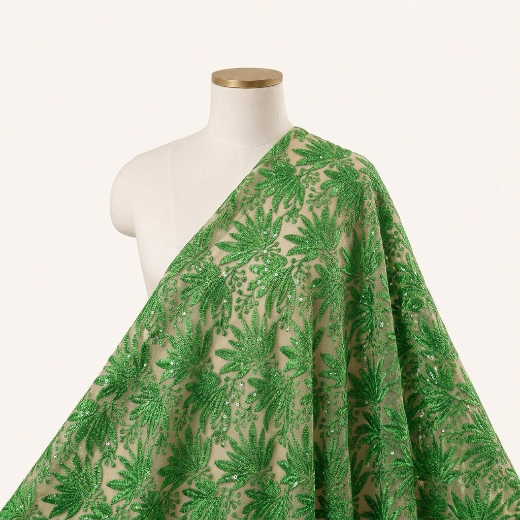 Embroidery Green Embroidery Net Fabric Draped as a saree