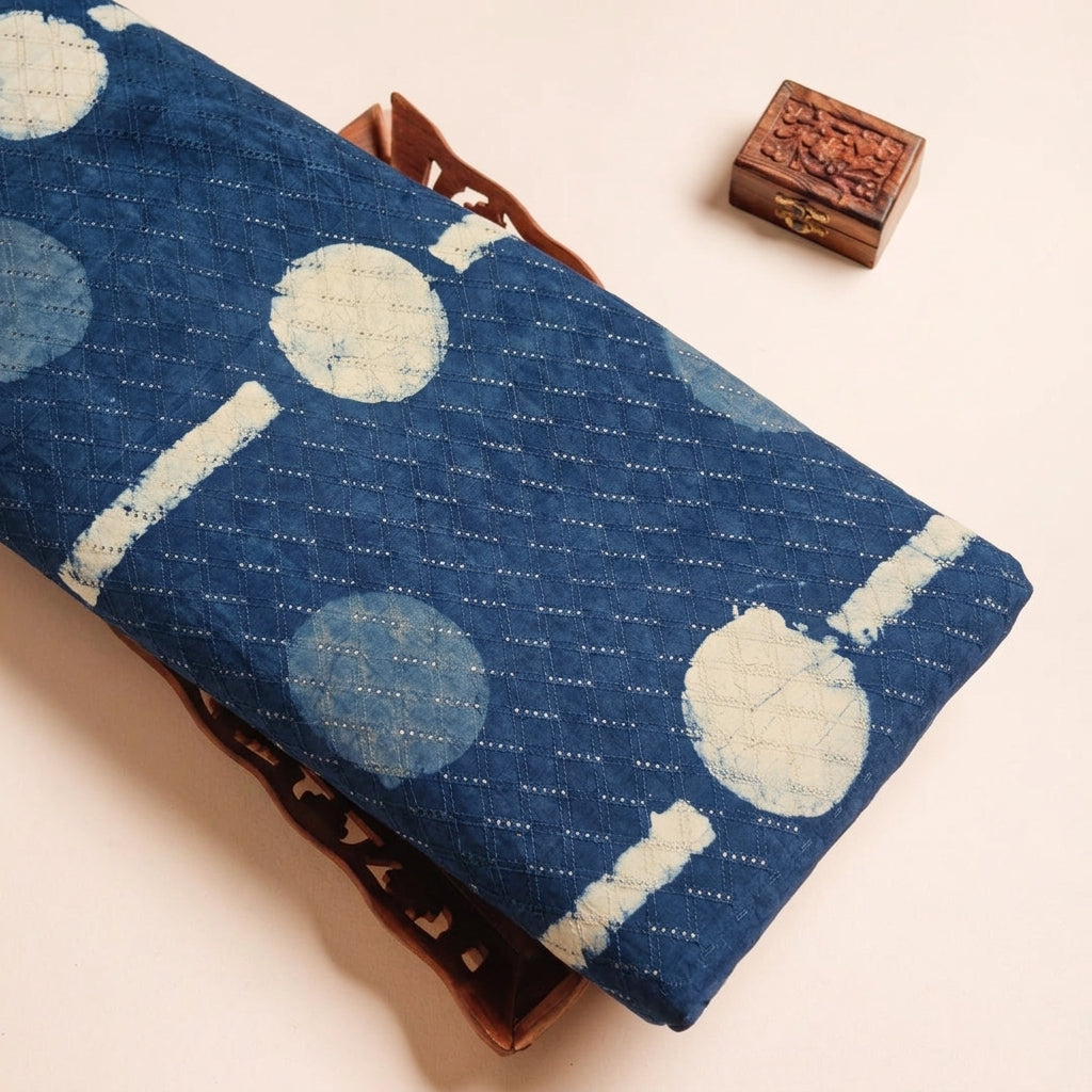 Batik Indigo Batik Cotton Fabric on a wooden tray