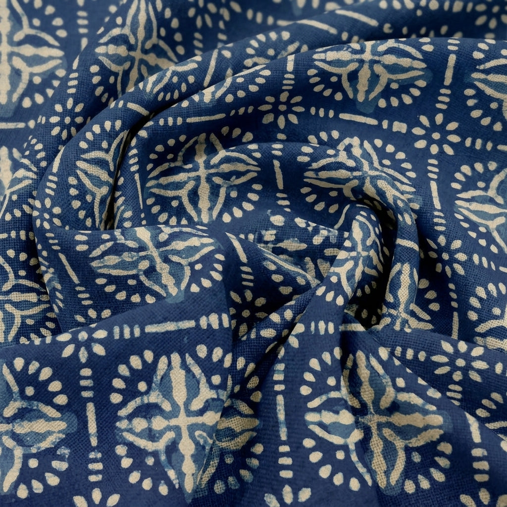 Swirled Block Print Indigo Block Print Cotton Fabric