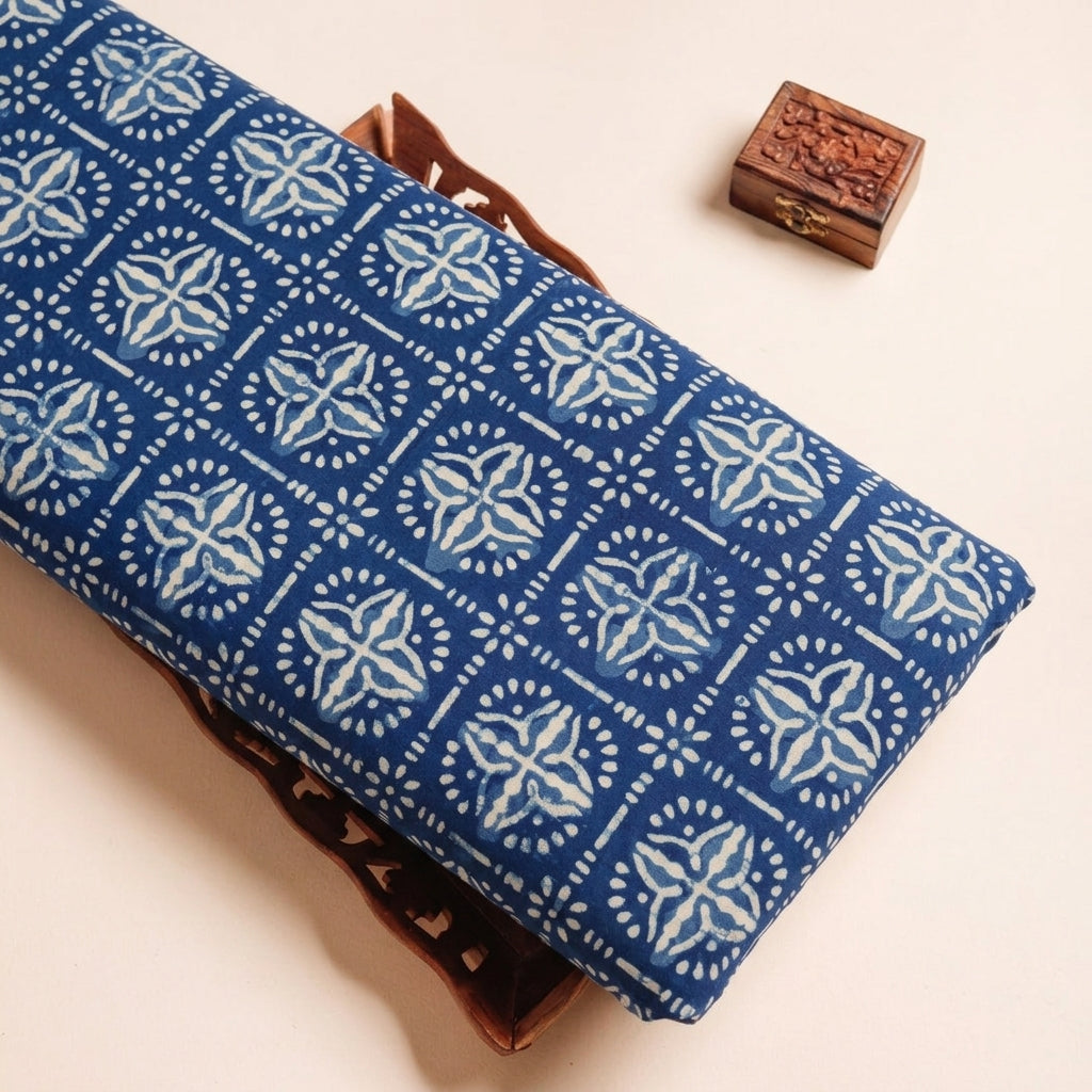 Block Print Indigo Block Print Cotton Fabric on a wooden tray