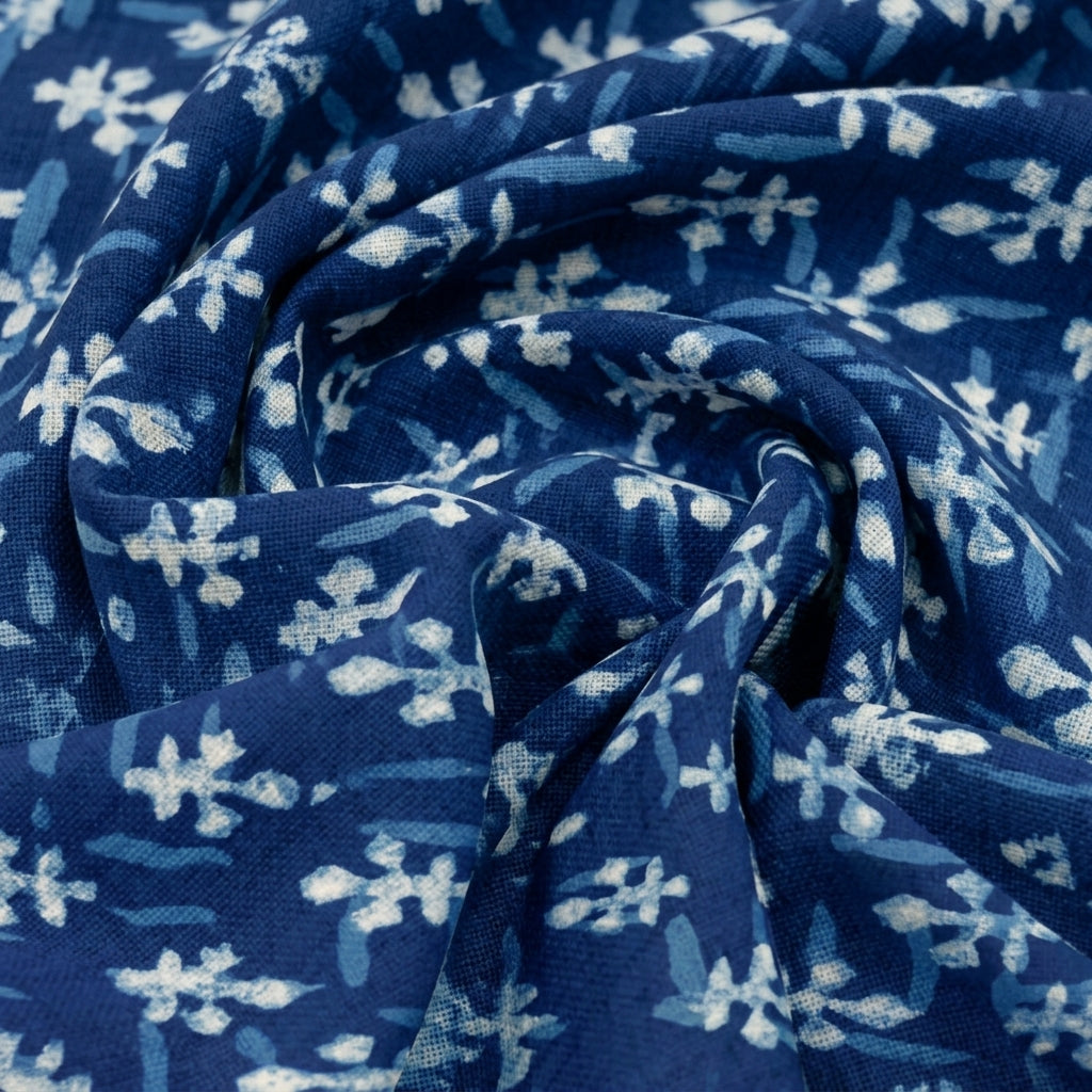 Swirled Block Print Indigo Block Print Cotton Fabric
