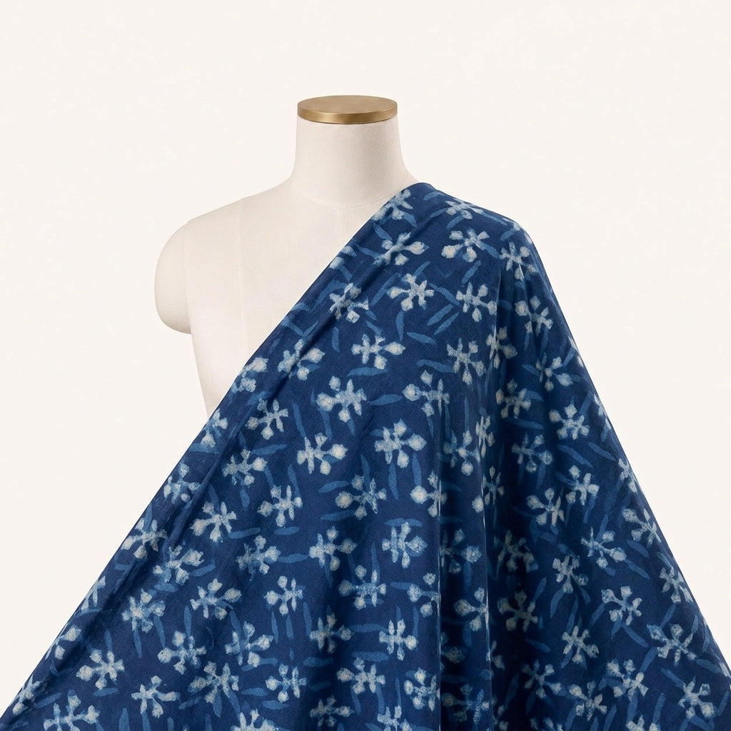 Block Print Indigo Block Print Cotton Fabric Draped as a saree
