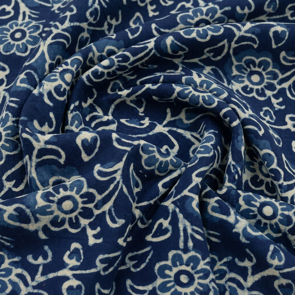 Swirled Floral Indigo Floral Cotton Fabric