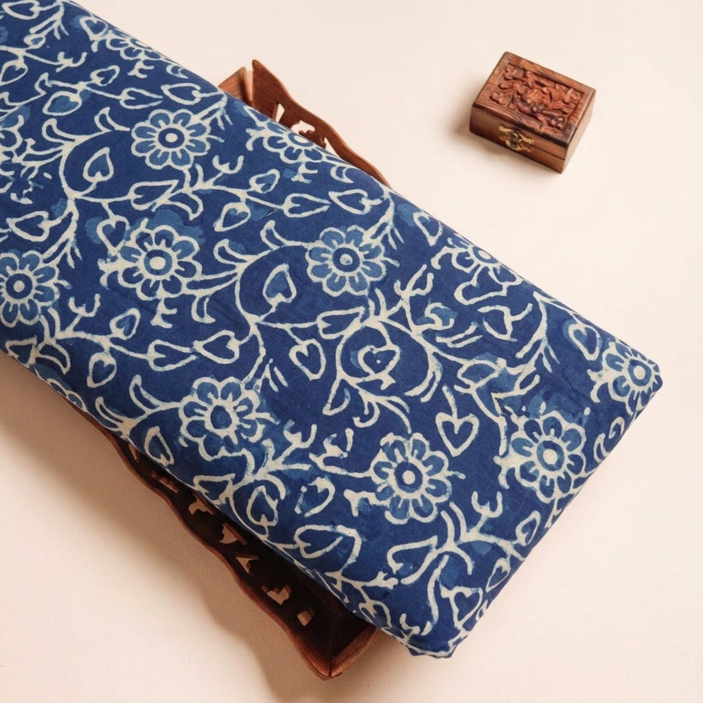 Floral Indigo Floral Cotton Fabric on a wooden tray
