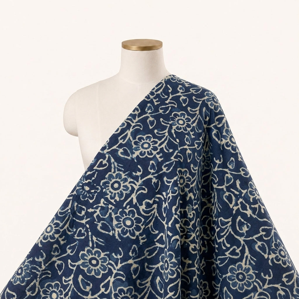 Floral Indigo Floral Cotton Fabric Draped as a saree