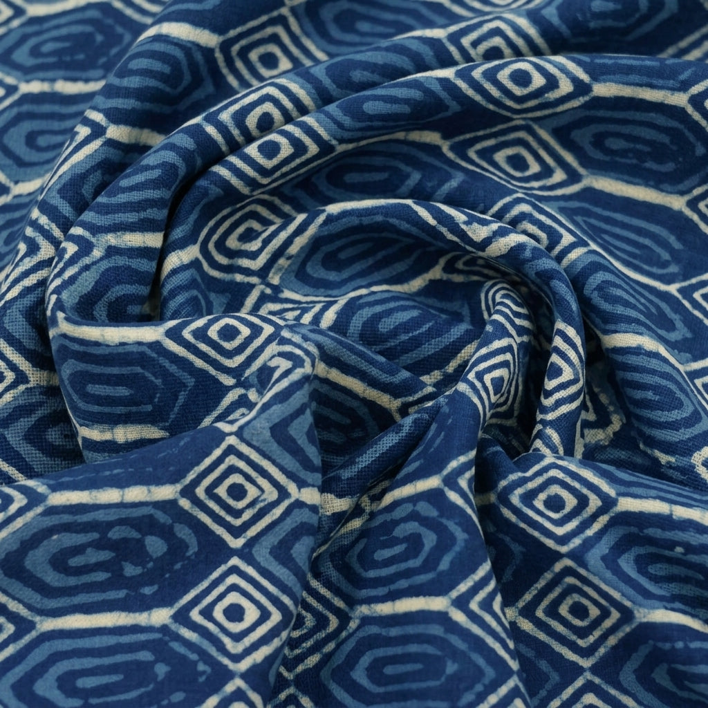 Swirled Block Print Indigo Block Print Cotton Fabric