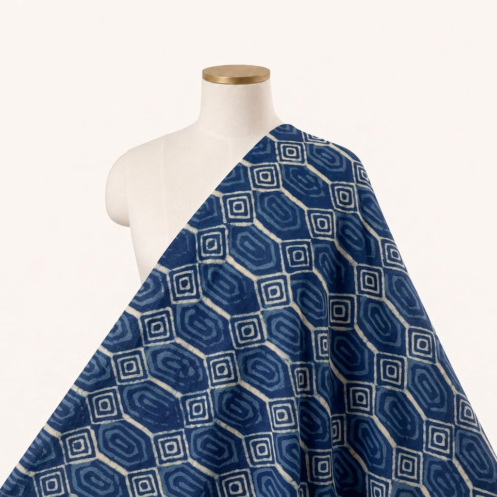 Block Print Indigo Block Print Cotton Fabric Draped as a saree