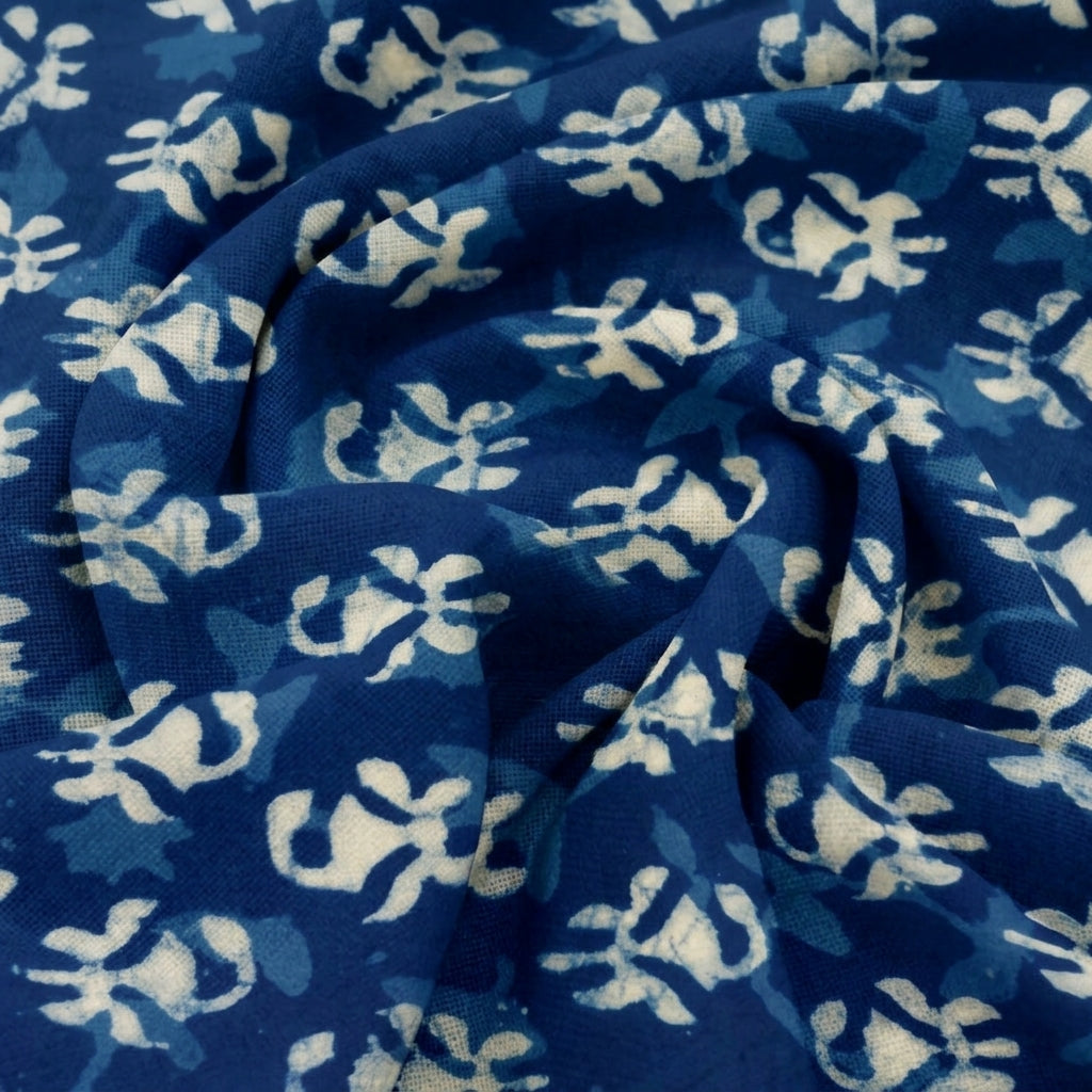 Swirled Block Print Indigo Block Print Cotton Fabric