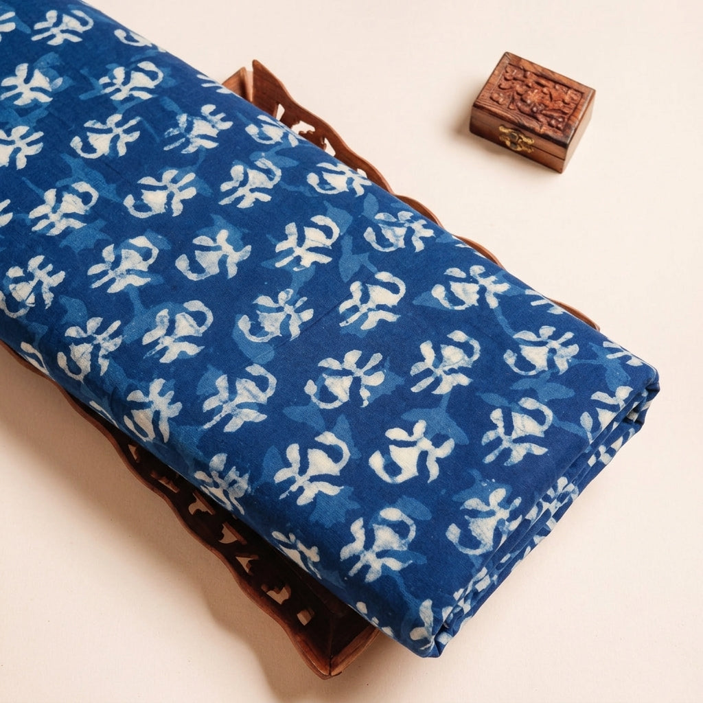 Block Print Indigo Block Print Cotton Fabric on a wooden tray