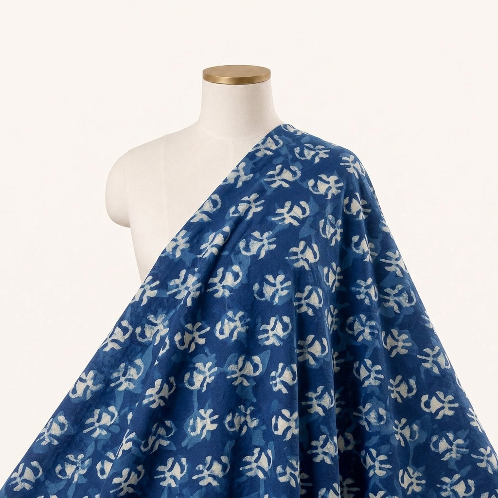 Block Print Indigo Block Print Cotton Fabric Draped as a saree