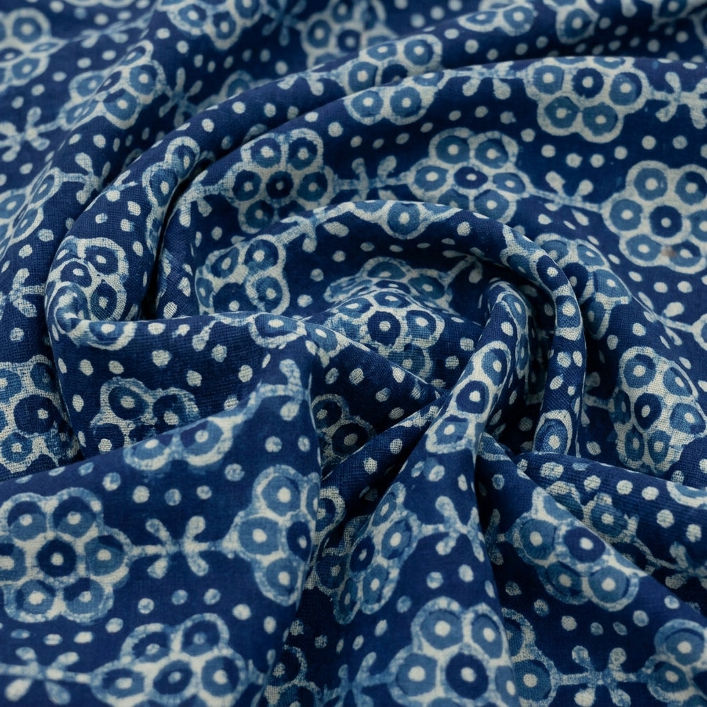 Swirled Block Print Indigo Block Print Cotton Fabric