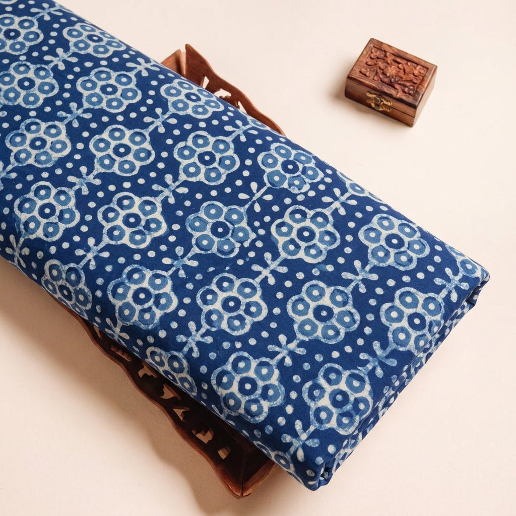 Block Print Indigo Block Print Cotton Fabric on a wooden tray