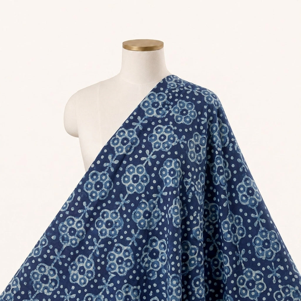Block Print Indigo Block Print Cotton Fabric Draped as a saree