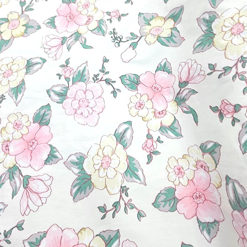White Floral Cotton Fabric, laid flat